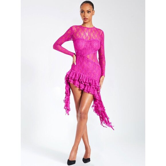 Maira Fuchsia Lace Long Sleeve Ruffle Dress - Picture 7 of 15